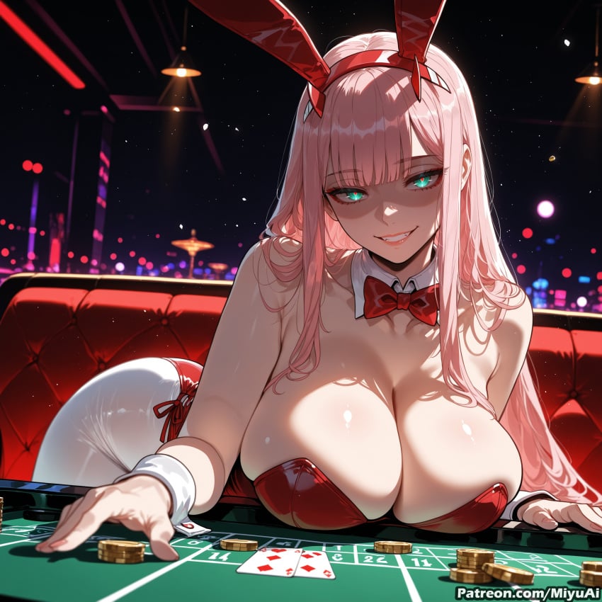 zero_two_(darling_in_the_franxx) darling_in_the_franxx casino miyuai ai_generated ai_assisted thick_thighs thick_ass thick thick_legs thick_hips thick_butt wide_hips wide_thighs voluptuous voluptuous_female curvy curvy_figure curvaceous curvy_female female breasts bunnysuit animal_ears bunny_ears pantyhose leotard wrist_cuffs 1girl detached_collar long_hair card pink_hair solo strapless_leotard bow fake_animal_ears horns bunny_girl fishnets bowtie cleavage fishnet_legwear bangs looking_at_viewer strapless hairband rating:safe tail poker_chip red_leotard candy smile bare_shoulders playing_card food collarbone eyebrows_visible_through_hair shiny
