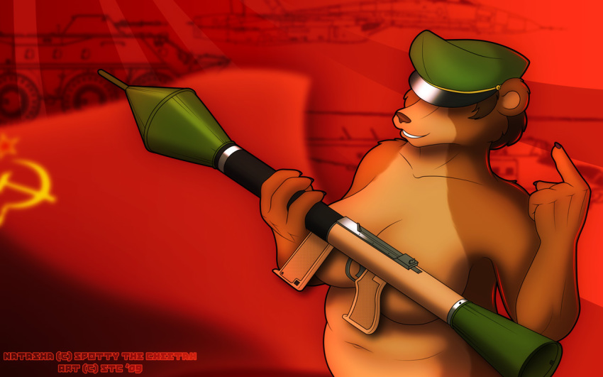 1girls bear big_breasts breasts chubby female military natasha nude rocket rpg soviet soviet_flag spotty_the_cheetah wallpaper weapon