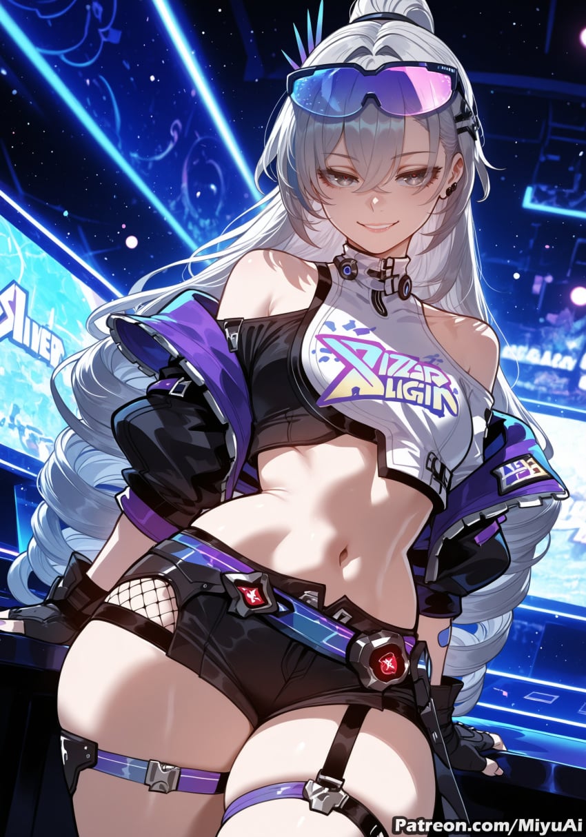 honkai:_star_rail honkai_(series) silver_wolf_(honkai:_star_rail) silver_wolf_(lv.999)_(honkai:_star_rail) miyuai ai_generated ai_assisted thick_thighs thick_ass thick thick_legs thick_hips thick_butt wide_hips wide_thighs voluptuous voluptuous_female curvy curvy_figure curvaceous curvy_female female breasts rating:safe 1girl long_hair eyewear_on_head midriff very_long_hair looking_at_viewer smile navel bare_shoulders thigh_strap jacket mole shorts silver_hair belt solo gloves off_shoulder black_gloves goggles_on_head grey_eyes cowboy_shot bangs goggles night sunglasses thighs crop_top stomach eyebrows_visible_through_hair