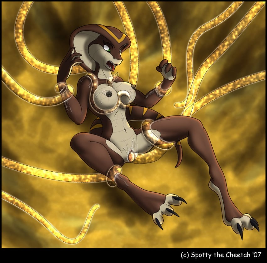 anthro big_breasts breasts brown claws cobra fangs female furry green_eyes juices messy navel nipples nude open_mouth penetration pussy shandi shock snake solo spotty_the_cheetah stripes tail tentacle tongue vaginal_penetration