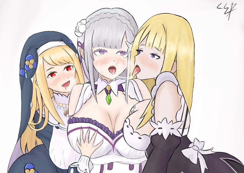 3girls after_kiss big_breasts blonde_hair blue_eyes blush breast_grab cep cleavage elf elf_ears elf_female emilia_(re:zero) female_focus female_only fff_threesome filore_(re:zero) girl_sandwich grabbing_another's_breast groping_breast large_breasts large_breasts_lesbian lesbian lesbian_kiss lesbian_threesome maid maid_uniform nun nun_outfit purple_eyes re:zero_kara_hajimeru_isekai_seikatsu red_eyes roswaal_mansion_maid_uniform saliva saliva_string silver_hair sylphy_elmart_(re:zero) tongue_kiss trio white_background yuri