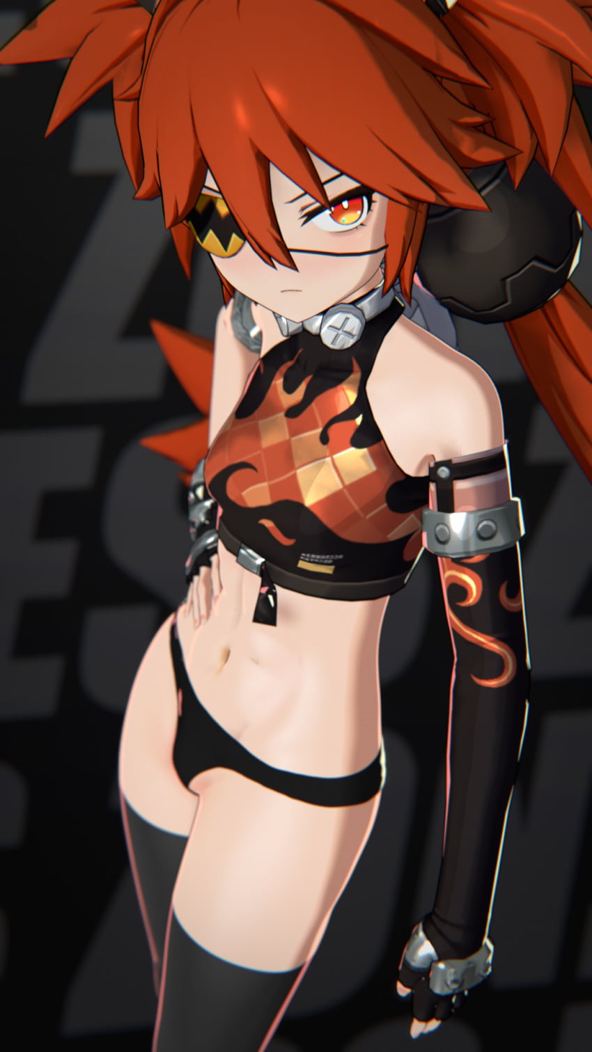 hoyoverse zenless_zone_zero koleda_belobog female female_only female_focus tummy belly_button navel abs stomach_focus stomach breasts small_breasts looking_at_viewer eyepatch red_eyes freckles freckles_on_face freckles_on_shoulders freckles_on_body freckles_on_stomach light_skin light-skinned_female red_hair choker hi_res zzztimelyangels tubetop tube_top 3d panties black_panties