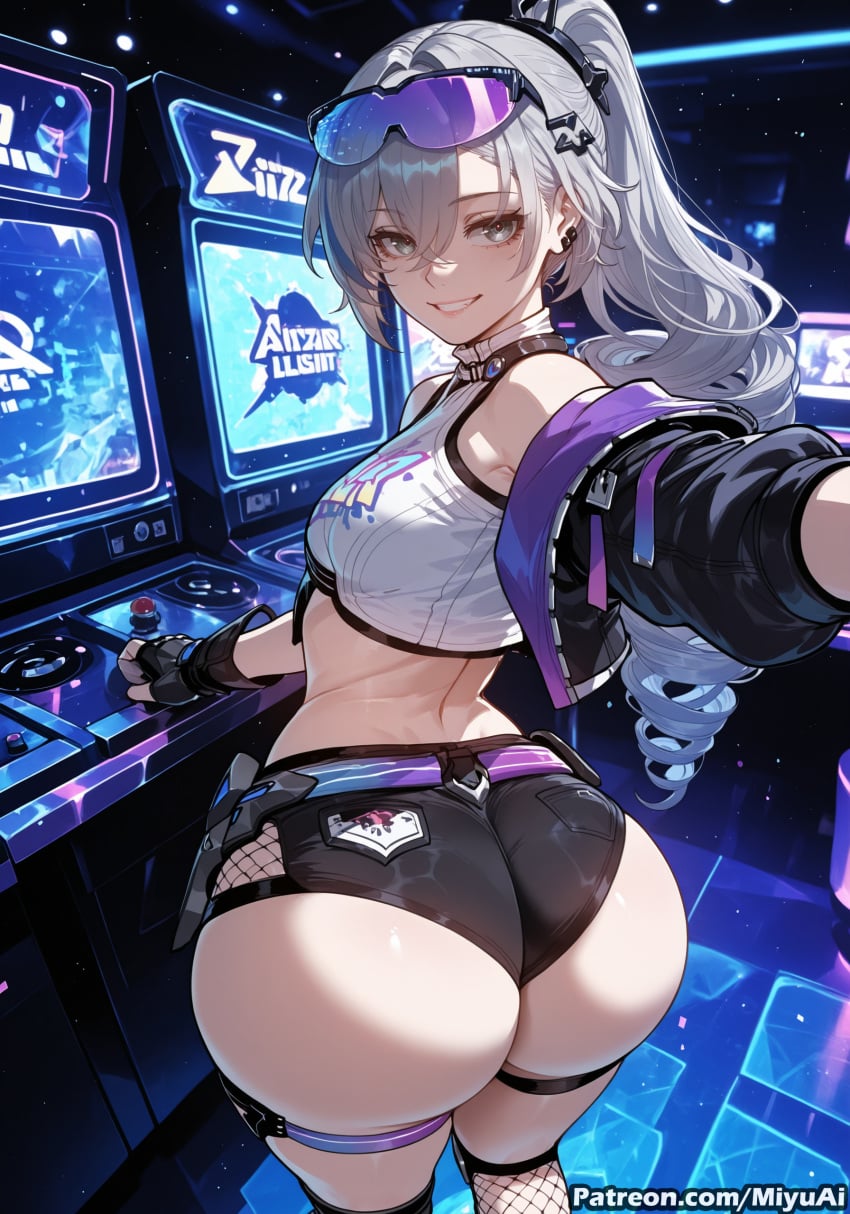 honkai:_star_rail honkai_(series) silver_wolf_(honkai:_star_rail) silver_wolf_(lv.999)_(honkai:_star_rail) miyuai ai_generated ai_assisted thick_thighs thick_ass thick thick_legs thick_hips thick_butt wide_hips wide_thighs voluptuous voluptuous_female curvy curvy_figure curvaceous curvy_female female breasts ass rating:safe 1girl fishnets smile long_hair fishnet_legwear shorts fingerless_gloves gloves eyewear_on_head looking_at_viewer bare_shoulders ponytail midriff thighhighs jacket multicolored_hair looking_back streaked_hair thighs large_breasts earrings silver_hair hair_ornament black_gloves grey_hair solo from_behind grin skindentation bangs night crop_top belt monitor mole