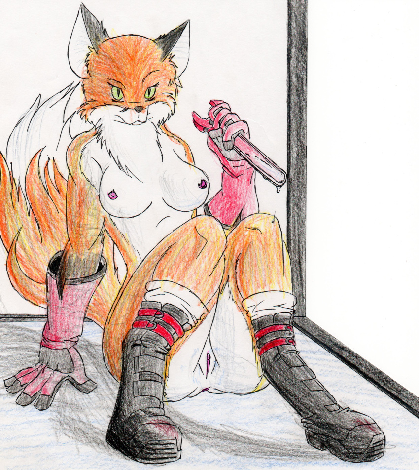 anthro boots breasts canine female fox fur furry gina gloves hi_res looking_at_viewer nude pussy solo wred wrench