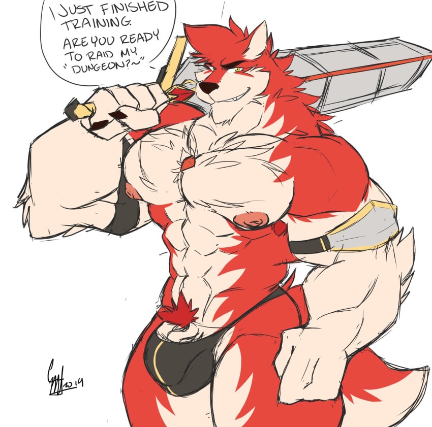 anthro armpit_hair bulge canid canine canis clothing colored_sketch daikitei hi_res humanoid_penis looking_at_viewer male male_only mammal melee_weapon muscular muscular_male pecs penis penis_base pubes solo standing sword underwear weapon wolf