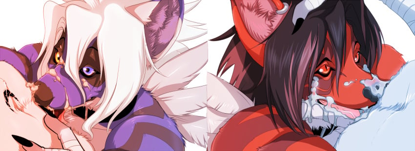 anthro black_hair blue blue_eyes canine couple cum cum_in_mouth cum_inside facial fellatio fox fur furry furry_only gay hair hand_on_head kien male messy oral oral_sex penis piercing red_eyes secret_(character) sex tongue white_hair wings yellow_eyes