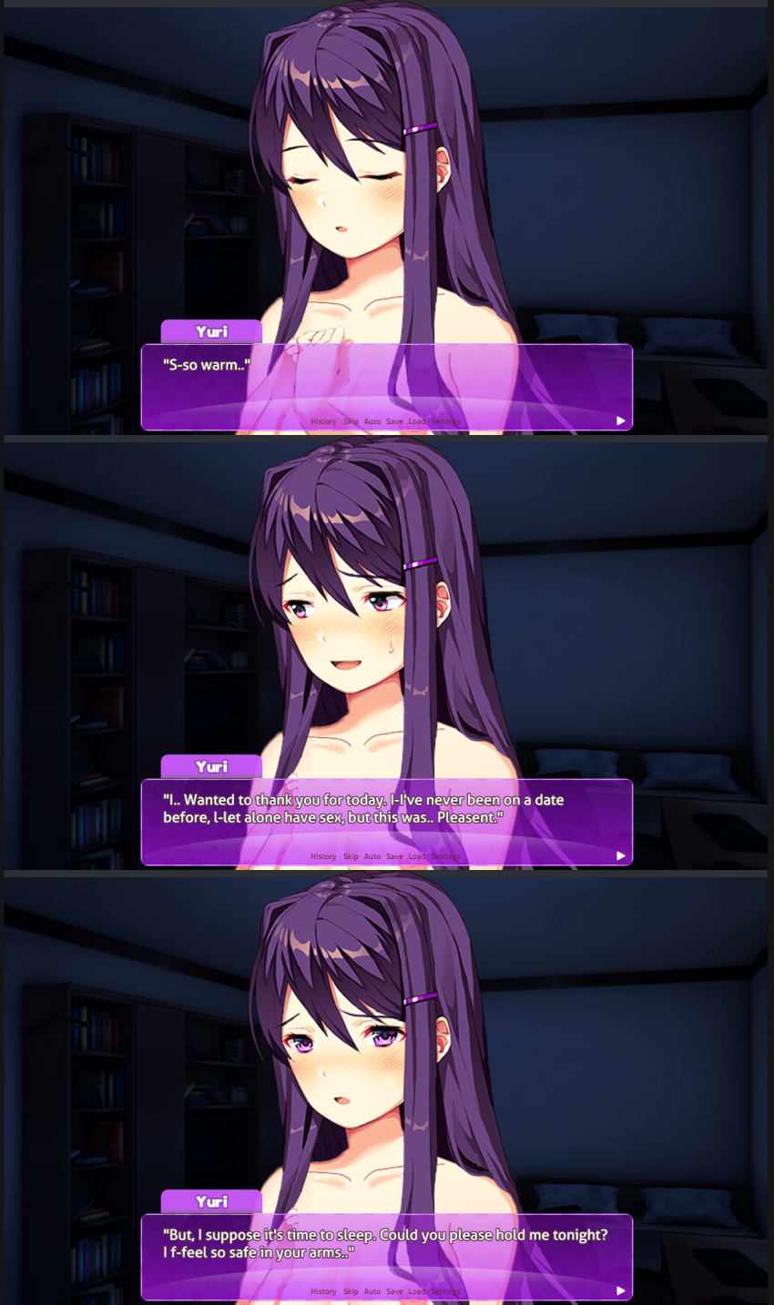 accurate_art_style bed bedroom blush books bookshelf bookshelves closed_eyes dark_room ddlc_text_box doki_doki_literature_club fully_nude looking_at_viewer looking_to_the_side naked no_clothes nude open_mouth panel panels pillows purple_eyebrows purple_eyes purple_hair purple_text_box sprite sprite_edit sweat sweatdrop text text_box tv yuri_(doki_doki_literature_club)