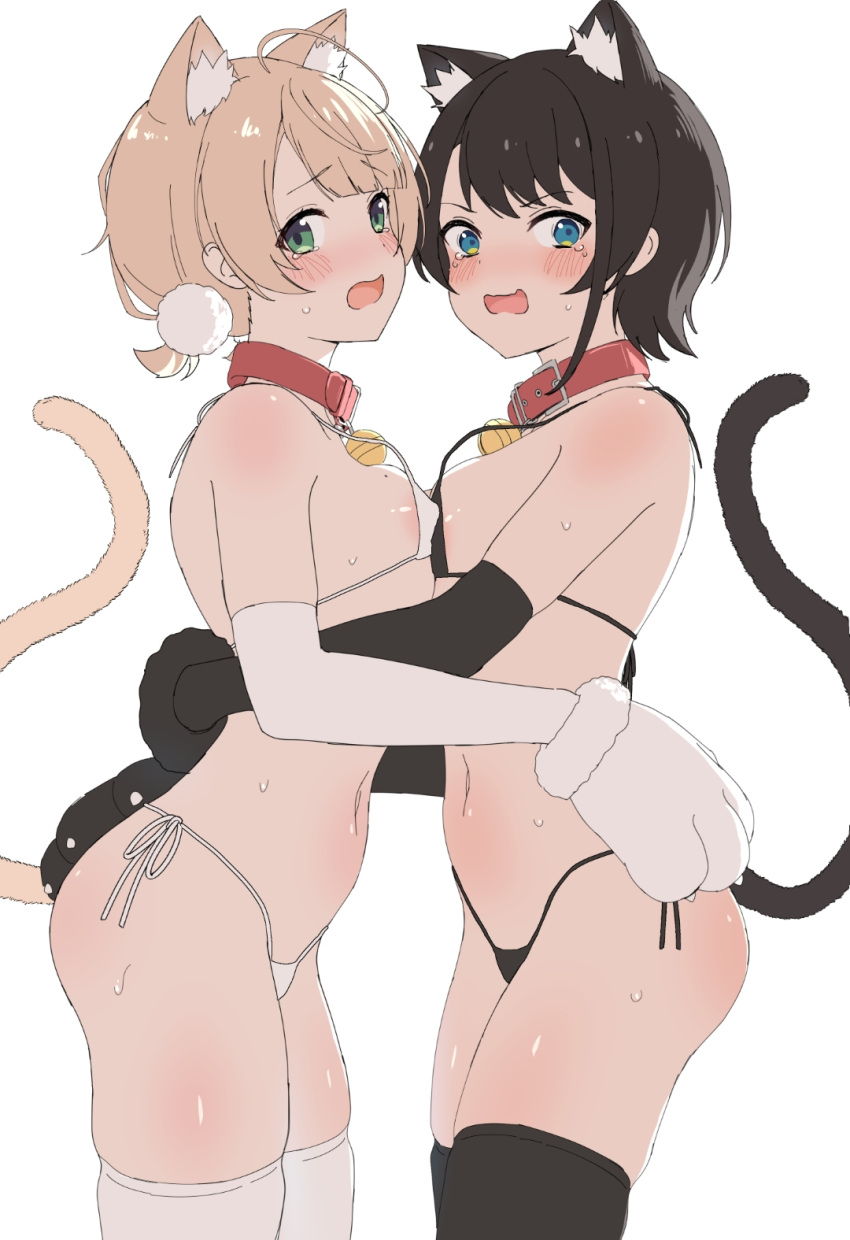 2girls animal_collar animal_ear_fluff animal_ears animal_hands areola_slip bell bikini black_bikini black_thighhighs blue_eyes blush breast_press breasts cat_ears cat_tail collar elbow_gloves female female_only gloves green_eyes highres hololive hololive_gen_2 hololive_japan hug indie_virtual_youtuber looking_at_viewer medium_breasts micro_bikini multiple_girls neck_bell norigure18 oozora_subaru open_mouth paw_gloves shigure_ui_(vtuber) standing sweat sweatdrop swimsuit symmetrical_docking tail thighhighs virtual_youtuber wavy_hair white_bikini white_thighhighs