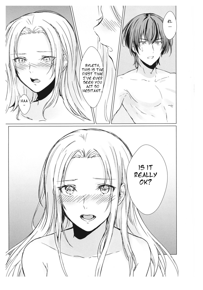 1boy 1futa areolae blush breasts byleth_(fire_emblem) byleth_(fire_emblem)_(male) close-up comic completely_nude_female completely_nude_male dialogue doujinshi duo edelgard_von_hresvelg english_text fire_emblem fire_emblem:_three_houses futanari human long_hair looking_at_viewer male monochrome mugen_no_sudadokei nintendo nipples nude open_mouth penis small_breasts surprise text translated