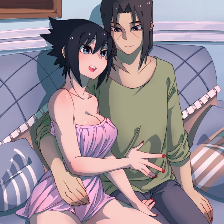 big_breasts black_hair breasts brother_and_sister busty cuddling genderswap_(mtf) gown implied_incest incest indoors long_hair looking_at_breasts male/female migouza nail_polish naruto naruto_(series) naruto_shippuden nightgown on_couch pajamas pants revealing_clothes rule_63 sasuke_uchiha sasuko shirt sitting strapless uchiha_itachi