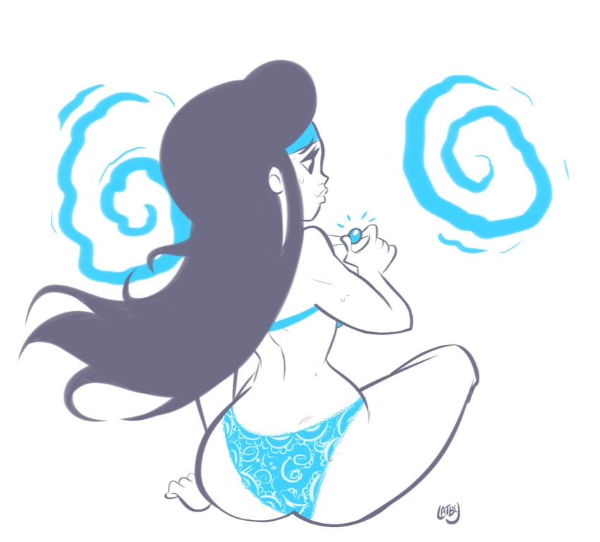 1girls black_hair blue_bra blue_crystal blue_headband blue_lingerie blue_moon_(hanwithola) blue_panties jmd jmdoodle latby lingerie lookatthatbuttyo magic native_american no_color perpetual_son solo solo_female solo_focus thick_thighs underwear underwear_only white_background