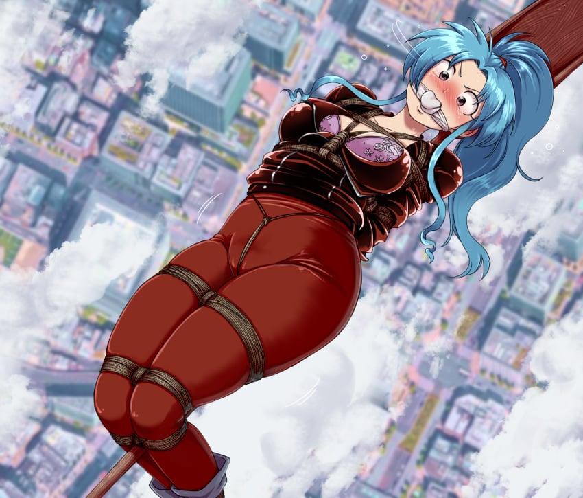 1girls arms_tied_behind_back artist_request blue_hair blush blushing bondage botan bound_legs bra breasts broom_riding broomstick cleave_gag crotch_rope female female_only flying gag gagged in_the_air in_the_sky large_breasts long_hair looking_at_viewer no_sex pale-skinned_female pale_skin ponytail purple_eyes sfw shinigami shounen_jump solo thick_thighs tied_hair tied_up torn_clothing yu_yu_hakusho