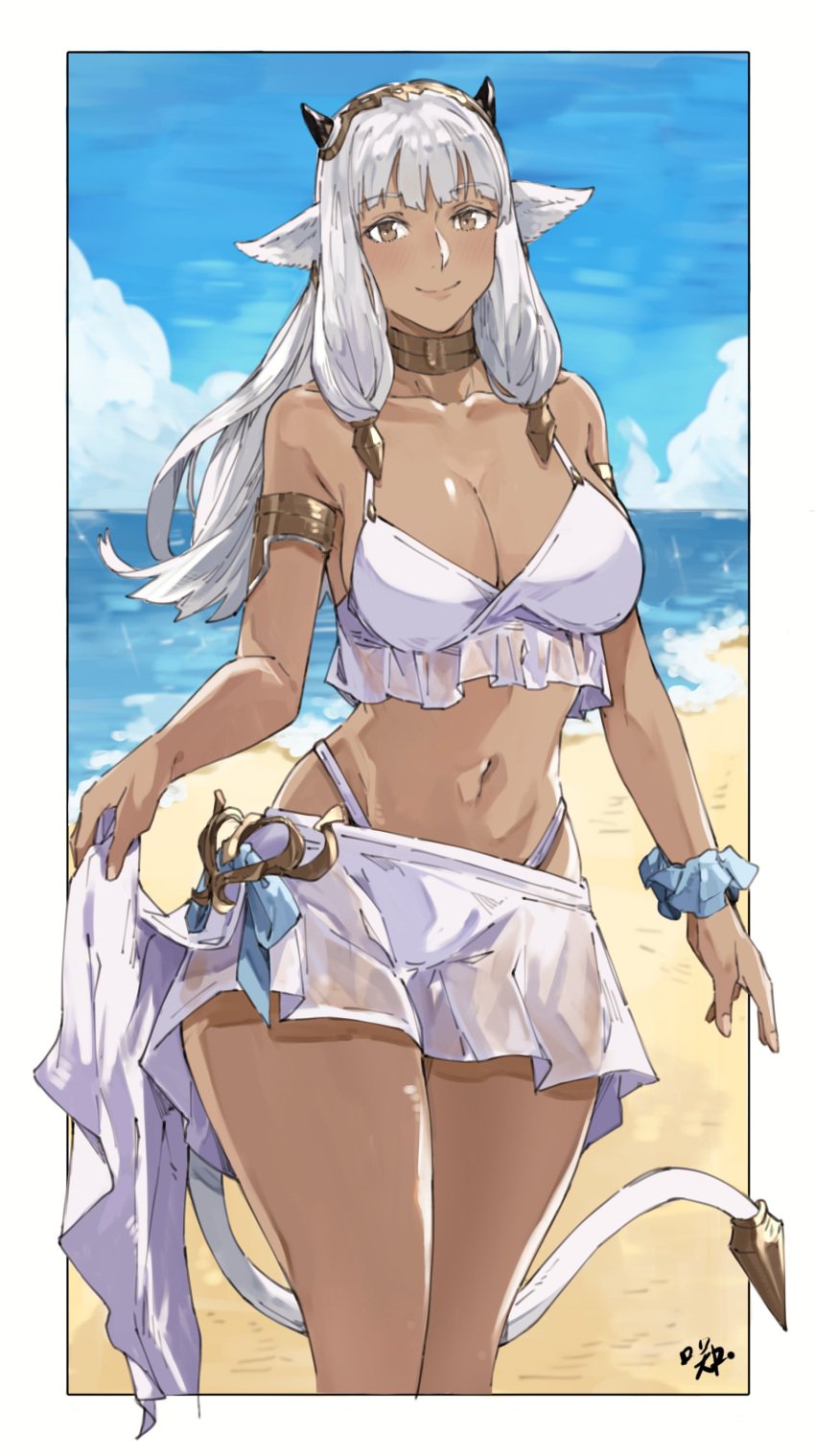 1girls absurdres alternate_costume animal animal_ears armlet ash_(fire_emblem) bikini bikini_skirt black_horns border breasts cleavage closed_mouth collarbone commentary cow_ears cow_girl cow_horns cow_tail dark-skinned_female dark_skin english_commentary female female_only fire_emblem fire_emblem_heroes grey_hair highres horns jewelry large_breasts long_hair looking_at_viewer navel nintendo outdoors outside_border sakuremi signature skirt smile solo stomach swimsuit tail white_bikini white_border white_skirt