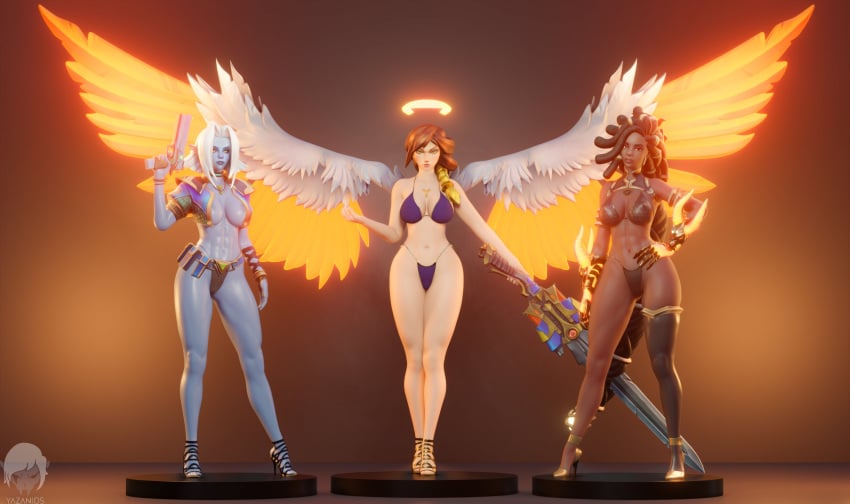 3d 3girls areola_slip areolae bikini black_hair blue-skinned_female blue_bra blue_skin bra breasts brown_hair dark-skinned_female dark_skin female furia_(paladins) half-dressed hi-rez_studios imani_(paladins) light-skinned_female light_skin looking_at_viewer nipple_bulge orange_eyes paladins saati_(paladins) white_hair wings yazanios