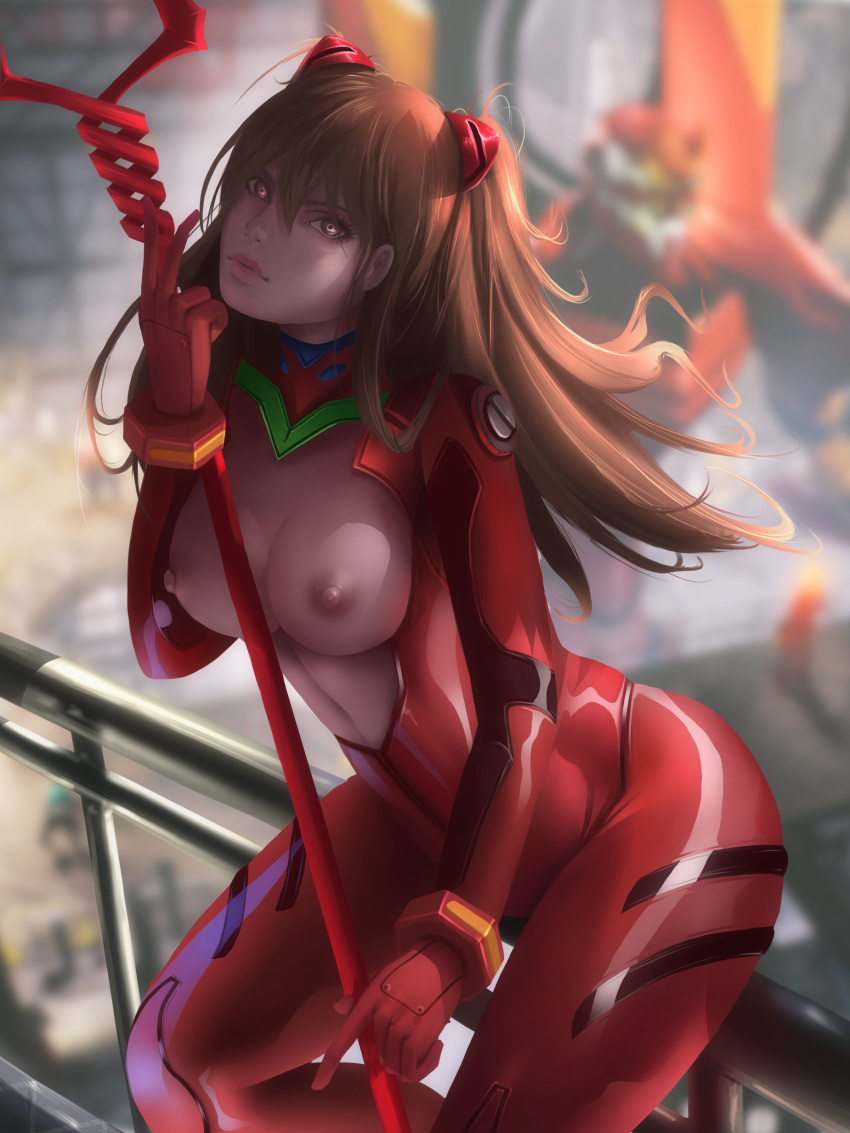 1girls asuka_langley_sohryu auburn_hair big_breasts bodysuit breasts curvy female half-dressed human lance_of_longinus light-skinned_female light_skin long_hair neon_genesis_evangelion pilot_suit plugsuit red_clothing solo staff teenage_girl teenager weapon wide_hips xredmhar