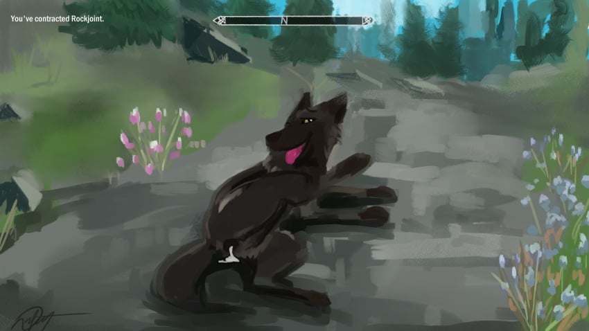 a_dusty_wolf after_sex anatomically_correct anatomically_correct_genitalia anatomically_correct_pussy animal_genitalia animal_pussy bethesda_softworks bodily_fluids canid canine canine_pussy canis cum female feral flower genital_fluids genitals heads_up_display hi_res landscape_background leaking_cum mammal plant pussy skyrim solo the_elder_scrolls video_games wolf