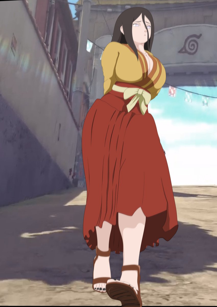 1girls arms_behind_back belt big_breasts black_nail_polish black_toenail_polish boruto:_naruto_next_generations busty byakugan cleavage espectroh feet female female_only full_body fully_clothed gate hakama hourglass_figure huge_breasts hyuuga_hanabi japanese_clothes kimono konohagakure konohagakure_symbol kunoichi nail_polish naruto naruto_(series) ninja no_bra obi open_toe_shoes outdoors outside ribbon sandals shounen_jump skirt solo solo_focus street toe_claws toenail_polish voluptuous walking