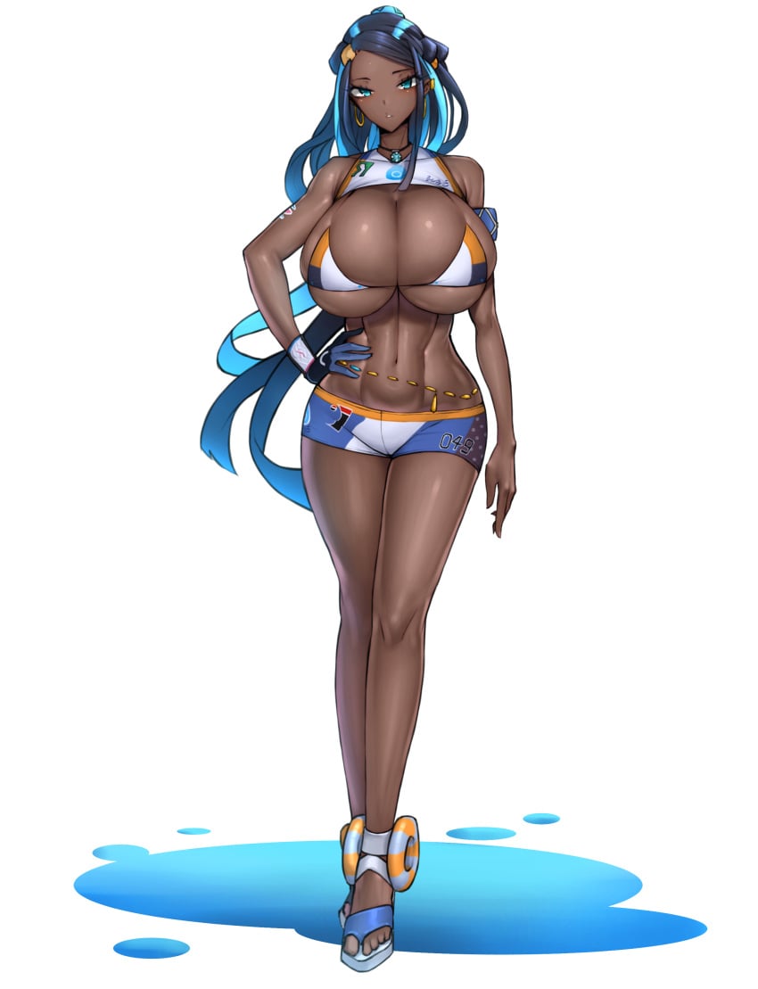 1girls alternate_breast_size bikini_top black_hair blue_eyes booty_shorts breasts brown_skin cleavage creatures_(company) dark-skinned_female dark_skin feet female game_freak gym_leader hand_on_hip hips huge_breasts long_hair looking_at_viewer nessa_(pokemon) nintendo pokemon pokemon_ss sandals short_shorts shorts slim_waist sport_shorts thick_thighs thighs toned top_heavy wide_hips wolffeld wolffeld_price