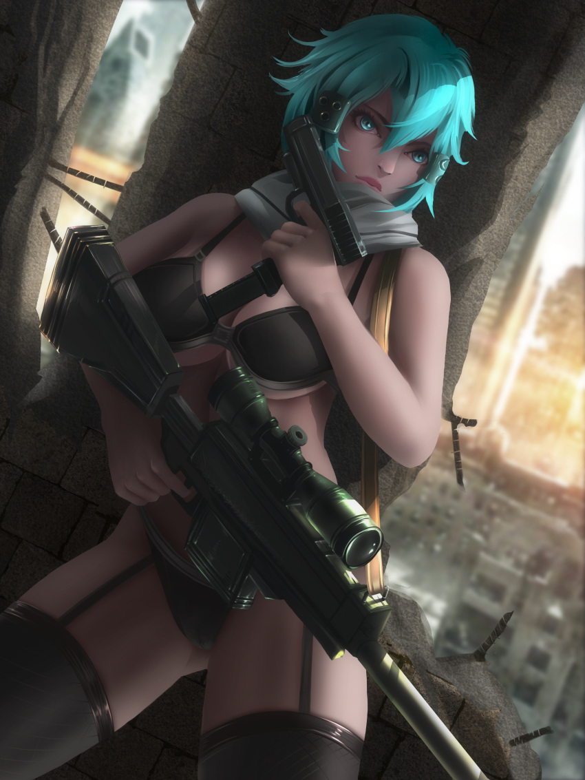 1girls breasts cleavage female female_only looking_at_viewer looking_back sinon solo sword_art_online xredmhar