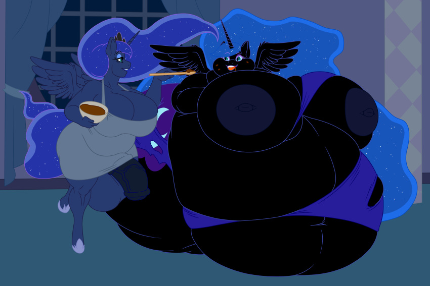 2020 alicorn animal_genitalia animal_penis anthro anthrofied balls batter belly big_balls big_belly big_breasts black_body black_feathers blue_balls blue_body blue_eyes blue_feathers blue_hair blue_nipples blue_penis blue_tail bowl breasts brownies clothing container cutlery digital_media_(artwork) dress duo equid equine equine_penis eyelashes feathered_wings feathers feeding female footwear friendship_is_magic ftg_crossgender fti_crossgender genitals gynomorph gynomorph/female hair hasbro hi_res holding_object horn huge_breasts hyper hyper_belly hyper_breasts hyper_nipples intersex intersex/female kitchen kitchen_utensils mammal morbidly_obese morbidly_obese_anthro morbidly_obese_female mr.pink my_little_pony nightmare_moon_(mlp) nipples nonuberis obese obese_anthro obese_female open_mouth open_smile overweight overweight_anthro overweight_female penis princess_luna_(mlp) rule_63 selfcest shoes smile spoon square_crossover tools vein veiny_penis wings