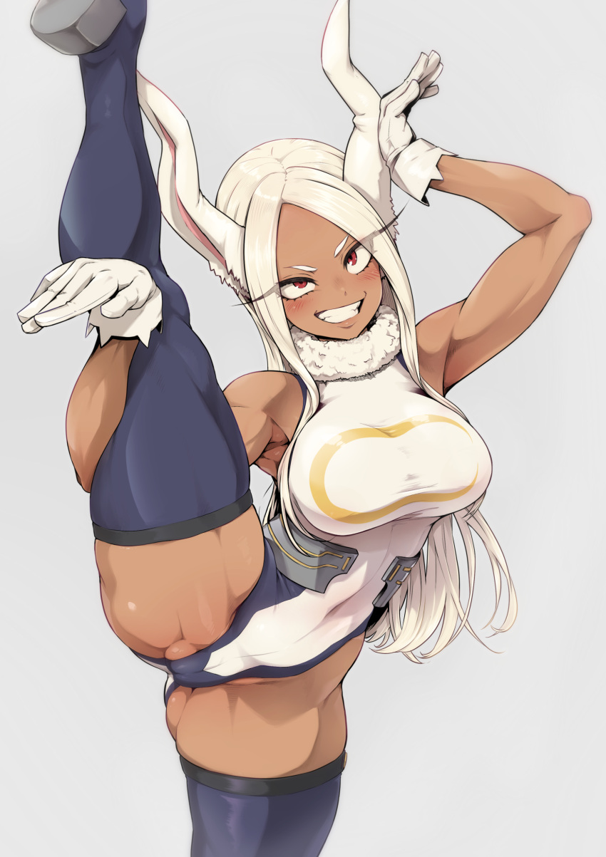 1girls armwear ass_visible_through_thighs big_breasts blush breasts bunny_ears bunny_girl clothing dashi_namashi female female_only gloves hair huge_breasts leggings legwear leotard long_hair miruko muscular muscular_female my_hero_academia one_leg_raised one_leg_up rabbit_pose rabbitpose red_eyes rumi_usagiyama smile solo solo_female superheroine thick_thighs thighs white_hair