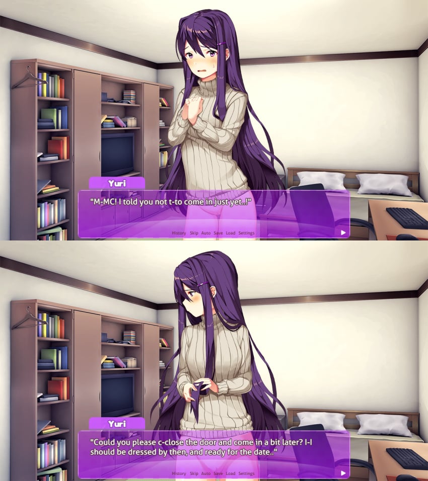 1girls accurate_art_style bed bedroom blush books bookshelf bottomless chair ddlc_text_box doki_doki_literature_club female keyboard looking_at_viewer mouse no_panties no_pants no_pubic_hair open_mouth panel panels pillows playing_with_hair purple_eyes purple_hair purple_text_box solo sprite sprite_edit sweat sweatdrop text text_box tv worried worried_expression worried_face worried_look yuri_(doki_doki_literature_club)