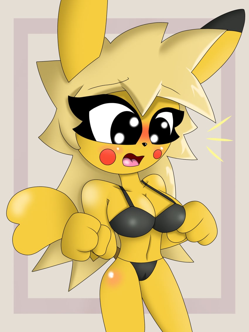 bikini bikini_bottom bikini_top black_ears black_eyes blush bra breasts female fur furry lingerie long_hair pikachu pokémon_(species) pokemon solo_female springy_1.0 surprised tail yellow_fur