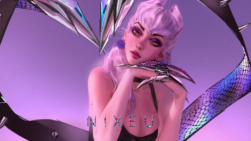 1girls big_breasts cleavage evelynn female female_only k/da_evelynn k/da_series league_of_legends light-skinned_female light_skin looking_at_viewer medium_breasts nixeu painting_(artwork) solo succubus yellow_eyes