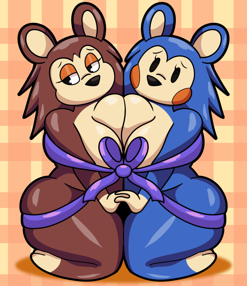 2022 2girls able_sisters animal_crossing anthro ass big_ass big_butt black_eyes blue_fur breast_press breasts brown_fur bubble_butt cleavage female female_only furry hedgehog hedgehog_ears holding_hands looking_at_viewer looking_away mabel_able nintendo nude sable_able shortstack side_view someth1ngoranother symmetrical_docking tease tied