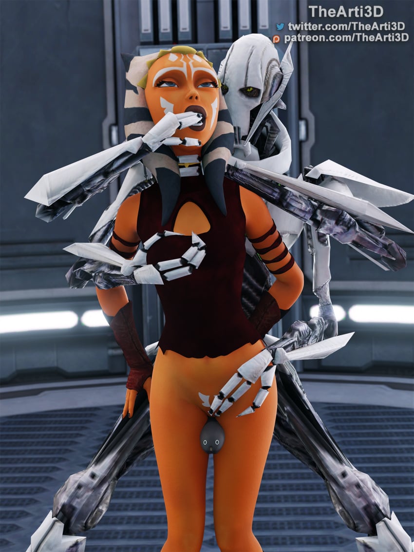 3d ahsoka_tano airress3d_(3d-modeller) alien alien_girl blue_eyes clone_wars clone_wars_(style) fondling fondling_breast general_grievous orange_skin star_wars tentacle_hair the_clone_wars:_season_four thearti3d thigh_sex togruta