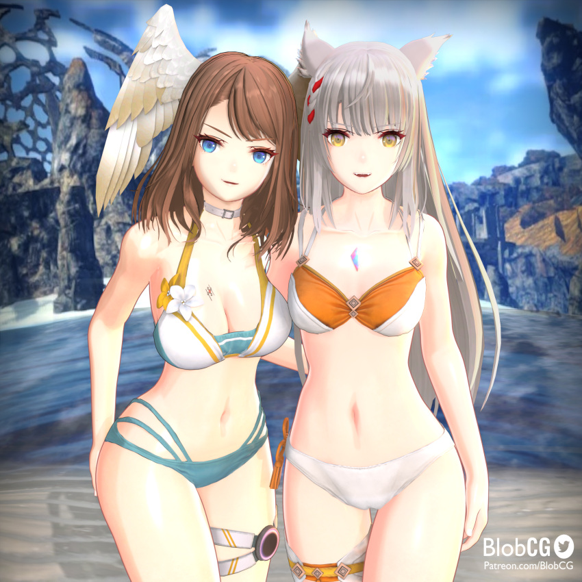 2girls 3d 3d_(artwork) alternate_costume beach bikini blender_(software) blobcg blue_eyes breasts brown_hair cat_ears catgirl core_crystal eunie_(xenoblade) female grey_hair head_wings large_breasts light-skinned_female light_skin long_hair looking_at_viewer mio_(xenoblade) navel nintendo outdoors smile swimsuit tattoo wings wings_on_head xenoblade_(series) xenoblade_chronicles_3 yellow_eyes