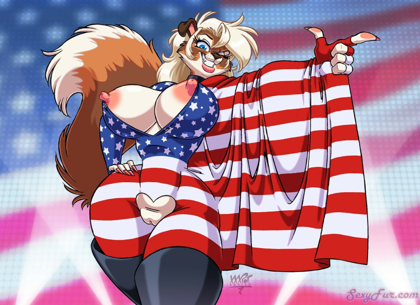 4th_of_july american_flag american_flag_bikini anthro big_breasts boots breasts canid canine canis chaps dawn_(jeremy_bernal) dog_girl elbow_gloves eltonpot female furry huge_breasts nipples no_panties pink_nipples pussy skimpy skimpy_clothes solo stars_and_stripes vagina