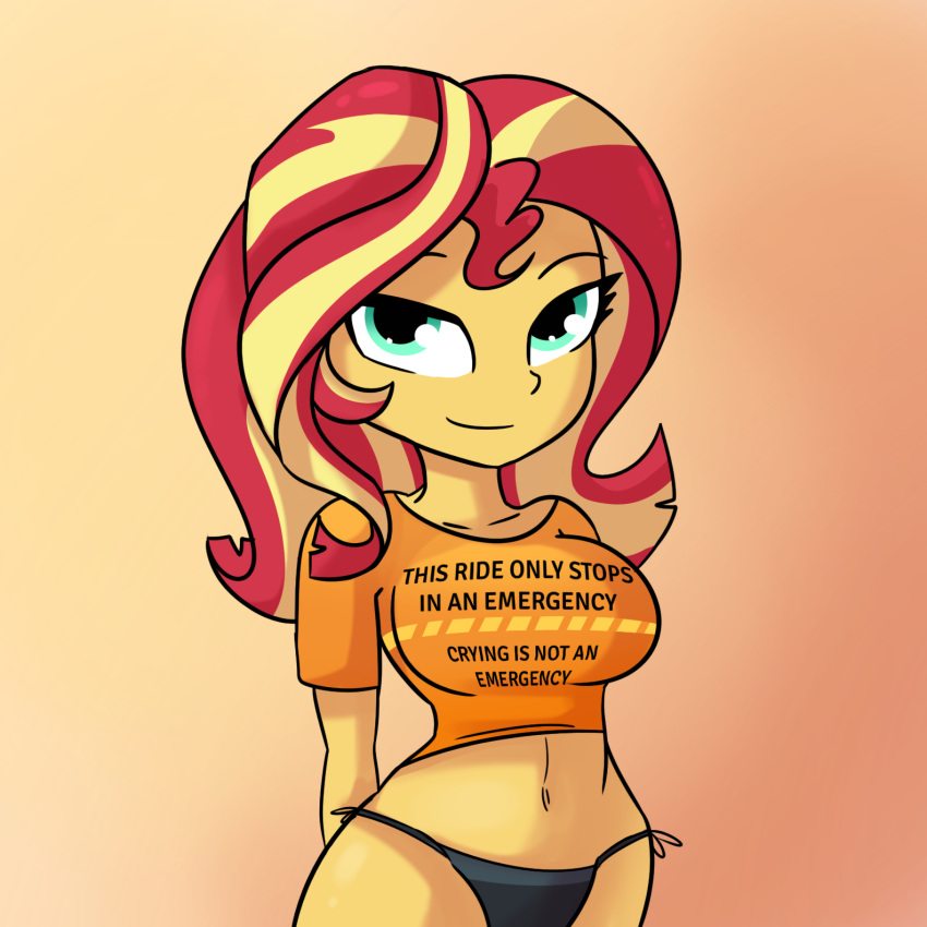 1girls big_breasts black_panties breasts english equestria_girls female female_only friendship_is_magic hasbro hi_res highres large_breasts looking_at_viewer my_little_pony navel panties solo solo_female sunset_shimmer t-shirt text thong tjpones underwear