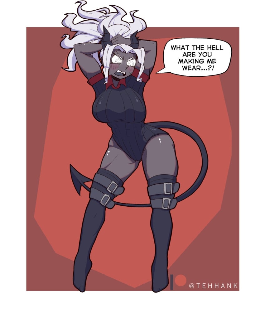 1girls black_skin demon_girl helltaker horn judgement_(helltaker) jumpsuit muscular_female tail tehhank thick_thighs white_hair