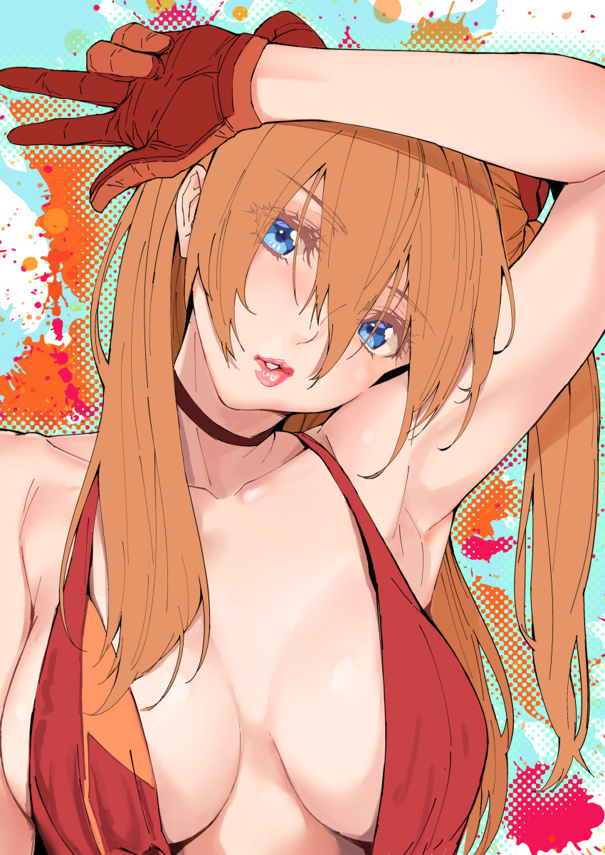 1girls armpits asuka_langley_sohryu auburn_hair bangs bare_shoulders big_breasts blue_eyes blush breasts breasts_apart brown_hair busty choker cleavage cocktail_dress collarbone dress female gloves hair_between_eyes hair_ornament highres lipstick long_hair looking_at_viewer neon_genesis_evangelion no_bra orange_hair parted_lips plunging_neckline red_choker red_clothing red_dress red_lips sleeveless sleeveless_dress solo teenage_girl teenager v yamaishi_(mukoubuti)