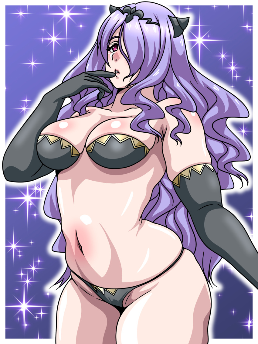 1girls bare_thighs black_panties bra breasts camilla_(fire_emblem) elbow_gloves female female_only finger_to_mouth fire_emblem fire_emblem_fates gloves hair_over_one_eye horns inabakun00 long_hair medium_breasts nintendo panties pink_eyes purple_hair solo sparkles thick_thighs thighs underwear very_long_hair