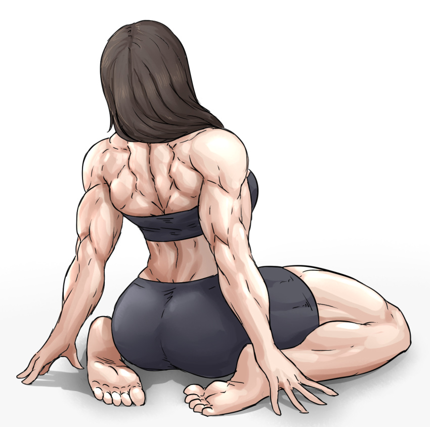 ass biceps big_ass breasts brown_hair calves feet long_hair muscular_back muscular_female muscular_shoulders muscular_thighs sheepapp solo sports_bra sportswear triceps