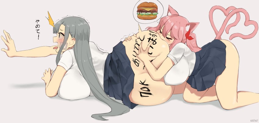 >_< 2022 2girls absurd_res all_fours animal_ear_fluff animal_ears ass ass_grab bandaid bandaid_on_cheek bare_legs biting biting_ass blush body_writing bow breasts burger cat_ears cat_tail catgirl closed_eyes clothed clothing fangs female female_only food grey_background grey_eyes grey_hair hair_between_eyes hair_ribbon heart heart-shaped_tail highres huge_ass huge_breasts iljin-chan_(xx682567) japanese_text long_hair lying matching_hair/eyes milestone_celebration minggoo multi_tail multiple_girls nipple_bulge on_side open_mouth original original_character pink_hair pleated_skirt raised_tail ribbon school_uniform shadow shirt simple_background skirt surprised tail teeth text thought_bubble tied_hair tongue tongue_out uniform wide_eyed writing_on_ass xx682567 yuri