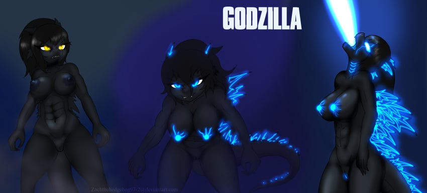 abs anthro atomic_breath big_breasts blue_eyes breasts female female_only godzilla godzilla_(series) godzilla_king_of_the_monsters grin huge_breasts kaiju king_kong monsterverse muscular muscular_female pussy reptile reptile_humanoid rule_63 scales tail yellow_eyes zachthehedgehog97-2