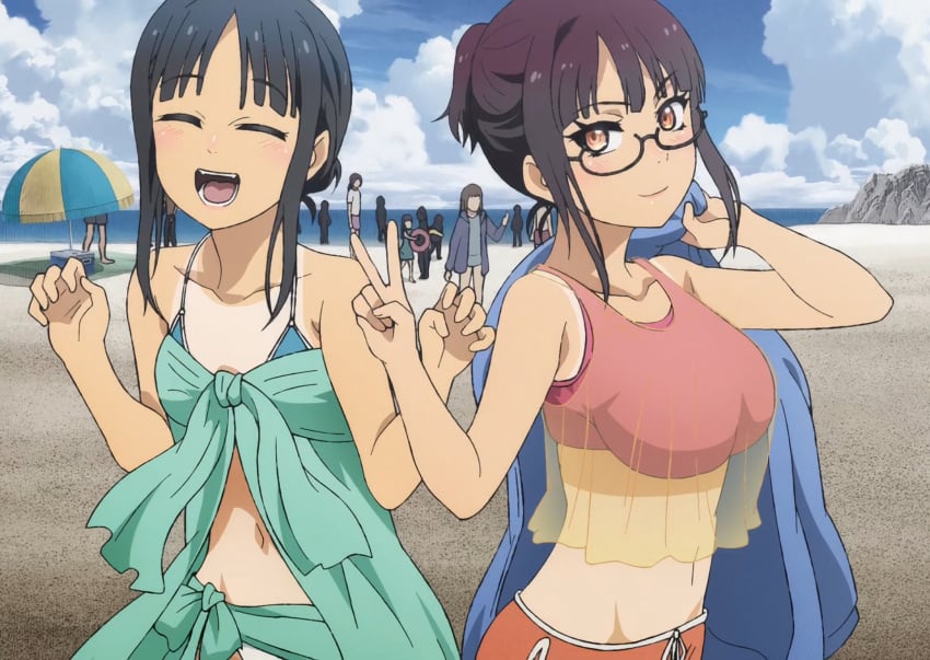 2girls beach big_breasts bikini black_hair breasts busty closed_eyes duo_focus female female_only fujimiya_sumika glasses hair_between_eyes happy highres isekai_ojisan large_breasts looking_at_viewer multiple_girls navel ocean orange_eyes purple_hair sarong sawae_(isekai_ojisan) screencap sensual shorts smile stitched swimsuit tan tanline third-party_edit v voluptuous water