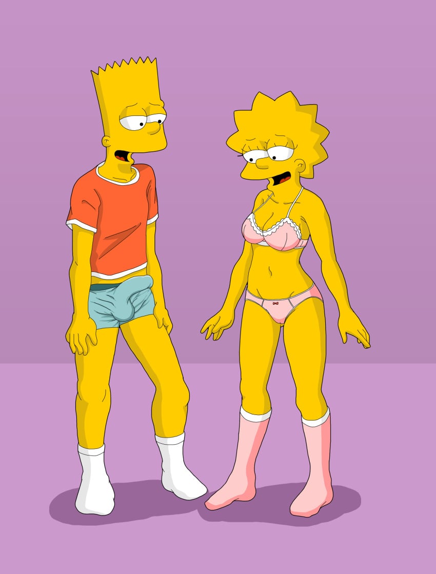 1boy 2022 20th_century_studios accurate_art_style aged_up bart_simpson big_breasts bow bow_panties bra breasts brother brother_and_sister clothing color digital_media_(artwork) evilweazel female footwear hi_res incest large_penis lisa_simpson looking_at_another male navel pantsu penis_under_clothes pink_panties purple_background siblings smile socks spiky_hair standing straight the_simpsons uncensored underwear underwear_bulge yellow_body yellow_skin