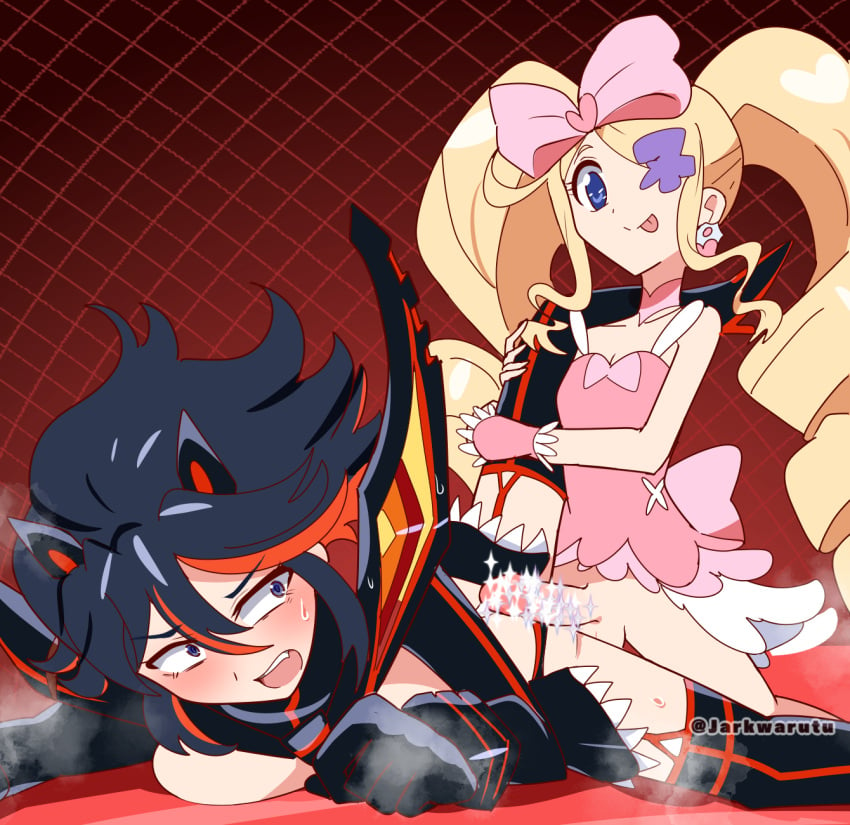 1futa 1girls black_hair black_hair_bottom blonde_hair blonde_hair_on_black_hair blonde_hair_top blush bottomless censored clothed clothing domination duo erection female futa_on_female futanari harime_nui heavy_breathing human incest jarkwarutu kill_la_kill light-skinned_female light-skinned_futanari light_hair_on_dark_hair light_skin matoi_ryuuko mostly_clothed mostly_nude on_stomach penis prone_bone senketsu short_hair sisters smile sweat tomboy twintails young