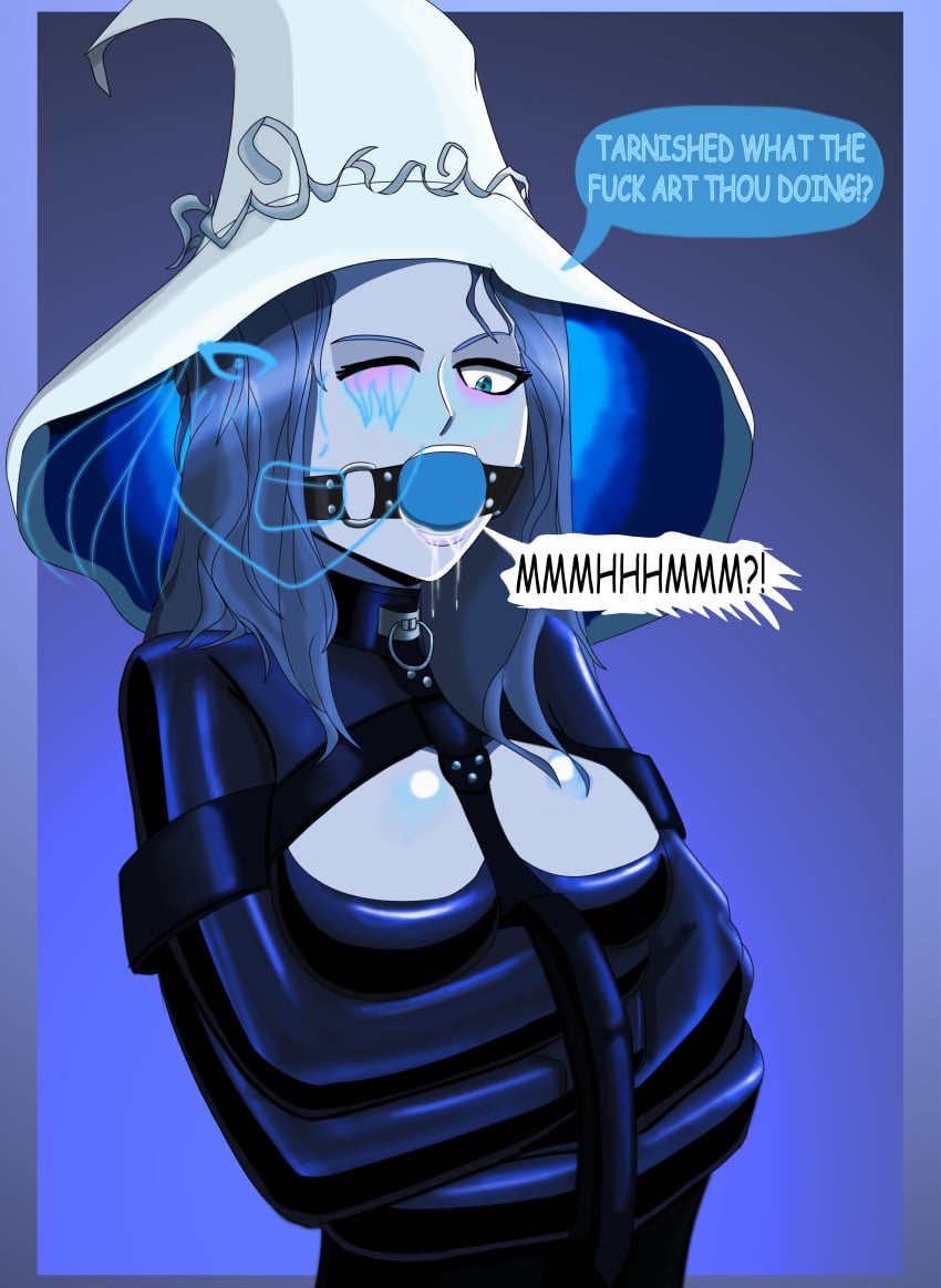 1girls ball_gag blue_body blue_skin bondage bound collar drool drooling elden_ring english_text female female_only femsub forced fromsoftware gag gagged gagged_speech mouth_gag png ranni_the_witch restrained rope text tied_up witch witch_hat yokubo_art yokuboart