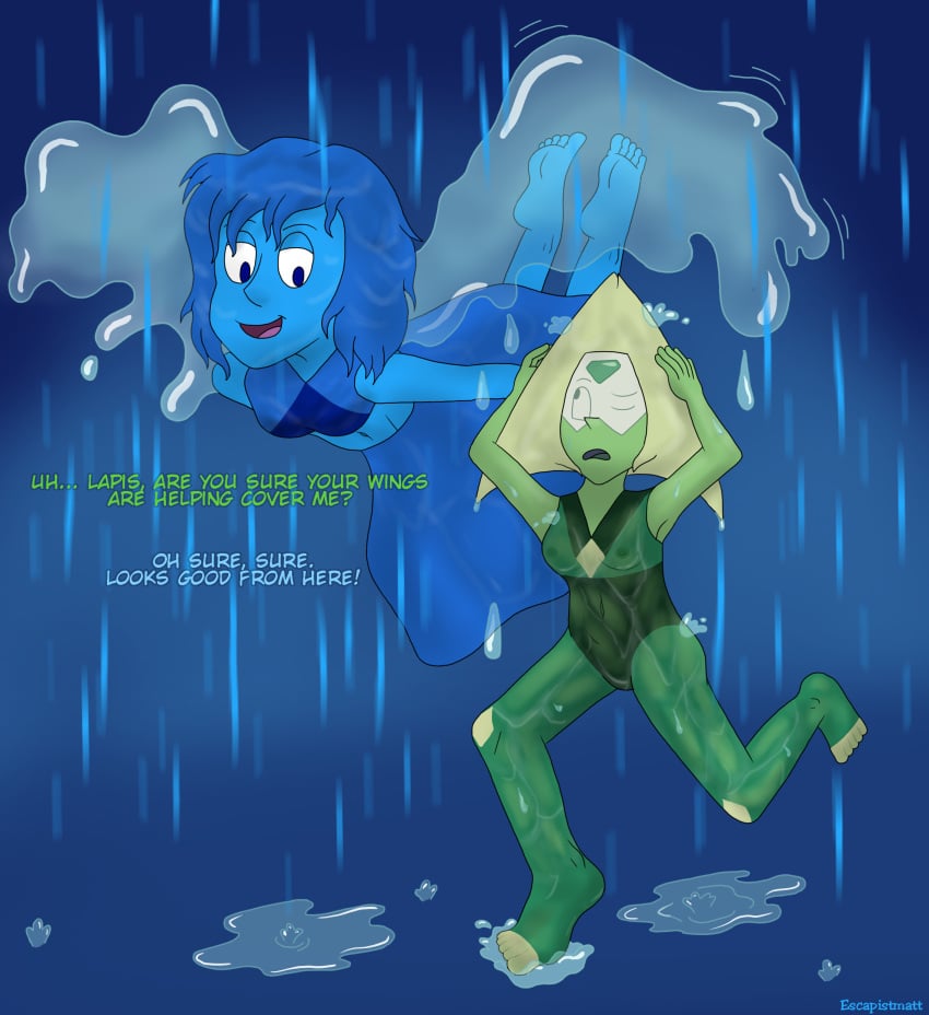 2girls barefoot breasts dialogue escapistmatt female_only lapis_lazuli_(steven_universe) peridot_(steven_universe) puddle raining soles steven_universe translucent_clothing wet wet_clothes