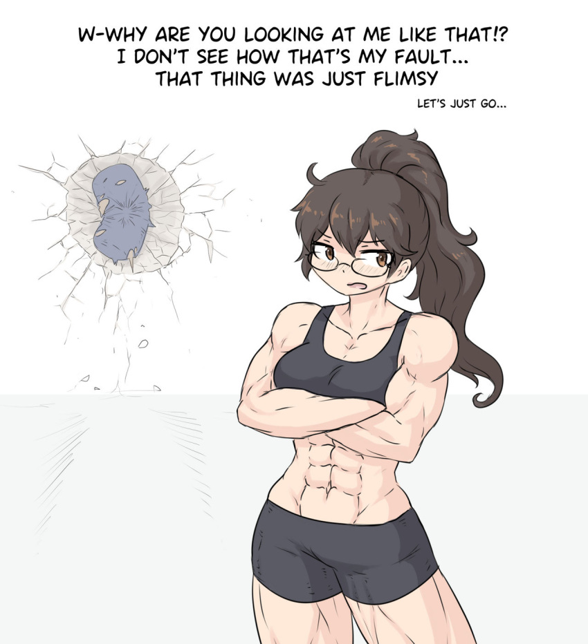 1girls abs biceps big_breasts blush breasts brown_eyes brown_hair glasses long_hair muscular_female muscular_legs muscular_thighs ponytail punching_bag sheepapp six_pack sports_bra sportswear text