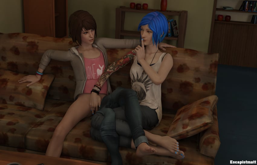 3d barefoot blender blue_nails bottomless bottomless_female chloe_price couch escapistmatt finger_fuck fingering fingernails hoodie jeans lesbian life_is_strange living_room max_caulfield nail_polish pants pants_around_one_leg pants_down short_hair shushing stealth_sex tank_top toenail_polish toenails yuri