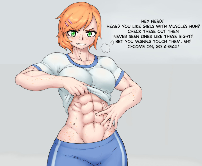 1girls abs biceps big_breasts breasts freckles muscular_arms muscular_female school_uniform schoolgirl sheepapp six_pack smug smug_face sweat sweatdrop talking_to_viewer text