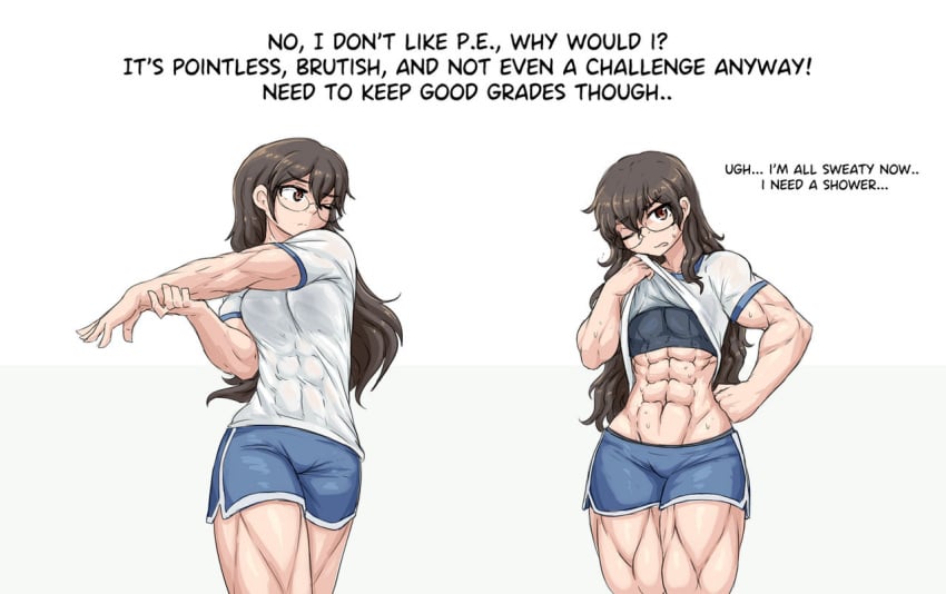 abs biceps big_breasts breasts brown_eyes brown_hair glasses long_hair muscular_arms muscular_female muscular_thighs school_uniform schoolgirl sheepapp six_pack sweat sweatdrop sweaty_body text triceps