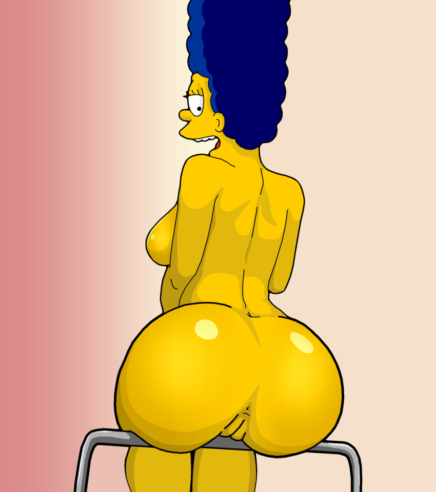 1girls 2021 anus ass ass_focus blue_hair breasts butt color digital_media_(artwork) evilweazel female female_only gradient gradient_background hi_res looking_at_viewer looking_back marge_simpson mature mature_woman milf mother nude nude_female open_mouth sitting solo the_simpsons uncensored vagina yellow_skin