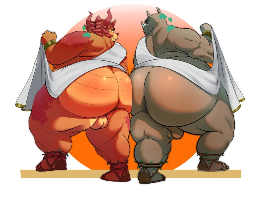 2022 another_eidos_of_dragon_vein_r anthro ass backsack balls belly bera_dez big_belly big_butt dragon duo genitals grey_body hi_res male male/male mammal overweight overweight_male rhinocerotoid romanes